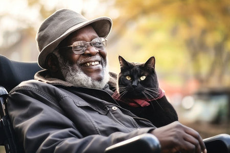 An elderly man sitting in a chair, with a content cat peacefully resting on his lap.の素材