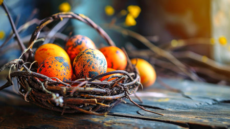 A vibrant nest holding a collection of colored eggs rests upon a rustic wooden table, symbolizing the joyous occasion of Easter and the resurrection of Jesus.の素材