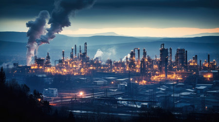 Working oil refinery. Smoke from a factory chimney. Environmental pollution. Emissions into the air pollute the city. Industrial waste is hazardous to health. A large working factory.の素材