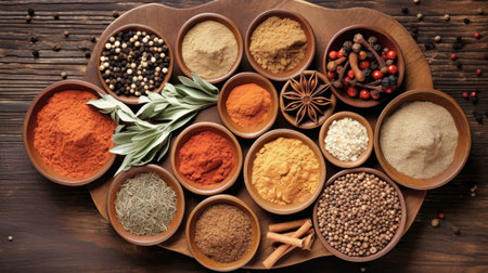 A table displaying bowls filled with various types of flavorful spices and herbs, ready for use in cooking.の素材