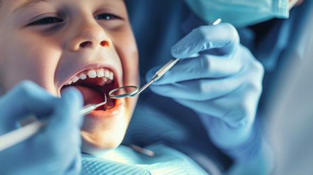 A child undergoes a thorough dental examination by a skilled dentist to ensure oral health.の素材