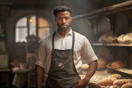 A dark-skinned male baker in his home bakery poses in a white shirt with freshly baked bread. Home bakery. Private business.の素材