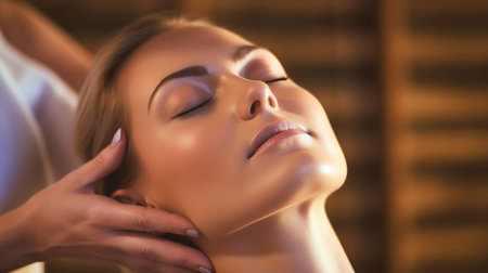 Woman receiving facial or spa massage from cosmetologist in beauty salon for skin treatment and wellness. Girl in luxury relaxation and beauty therapy skin care studio, masseuse.の素材