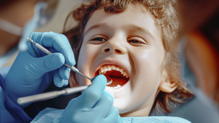 A dentist is examining the teeth of a young girl during a dental check-up to ensure optimal oral health.の素材