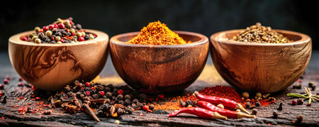 A photo showcasing three wooden bowls filled with an assortment of spices, offering flavorful additives for cooking.の素材