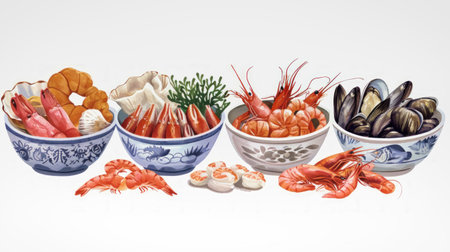 A vibrant collection of various types of shrimp, displaying the diversity of these seafood delicacies.の素材