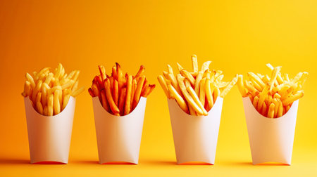 A tempting display of perfectly cooked and golden French fries arranged neatly in a white container.の素材