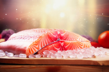 A fresh piece of fish sits on top of a cutting board next to a bowl of in this appetizing photo.の素材