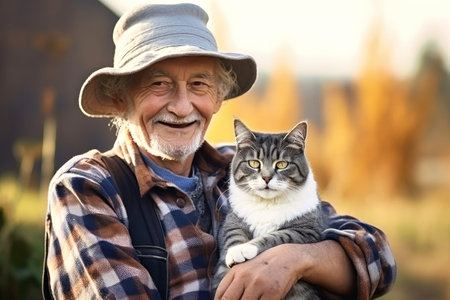 An elderly man sitting in a chair, with a content cat peacefully resting on his lap.の素材