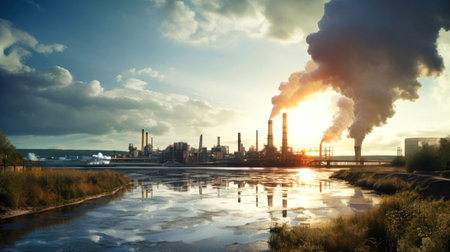 A large factory or power plant with large chimneys that produce large amounts of gases and smoke. The topic of air pollution.の素材