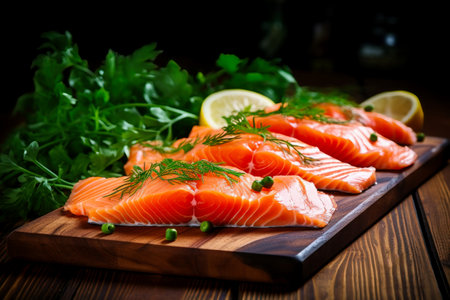 A wooden cutting board topped with a raw salmon fillet, ready for cooking or preparation.の素材