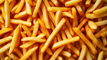 A delicious pile of golden French fries neatly arranged on top of a table.の素材