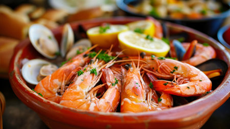 A delicious bowl filled with fresh shrimp and tangy lemon wedges, perfect for seafood lovers.の素材