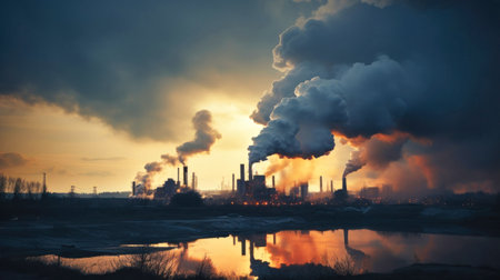 Smoke from a heating station in a big city during the winter season at sunset. Smoke stack pipes emitting carbon dioxide from a coal-fired power plant into the atmosphereの素材