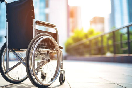 A wheelchair is parked on the sidewalk in front of a building. Concept for supporting people with disabilities.の素材