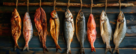 A photo featuring a lineup of distinct varieties of smoked fish.の素材