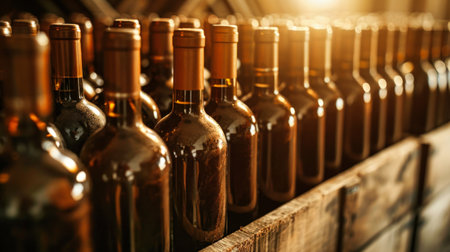 A line of wine bottles neatly arranged on a shelf in a cellar, showing the storage of wine in a production facility.の素材