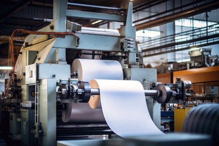 Modern paper production plant. Close-up of industrial equipment. Coated paper and cardboardの素材