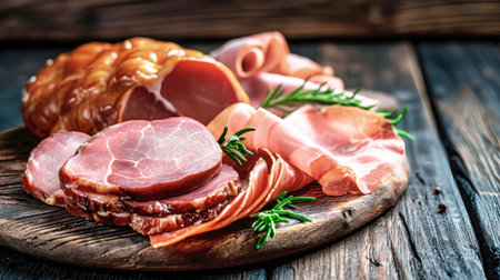A selection of meats and vegetables arranged neatly on top of a wooden cutting board.の素材