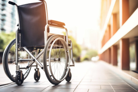 A wheelchair sits on the sidewalk in front of a building in a city. Concept for supporting people with disabilities.の素材