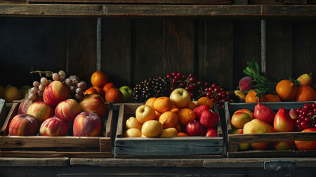 A vibrant painting showcasing an assortment of fruits displayed in neatly arranged wooden crates at a market.の素材