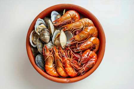 A delectable bowl filled with a variety of fresh seafood and mussels set against a clean white backdrop.の素材