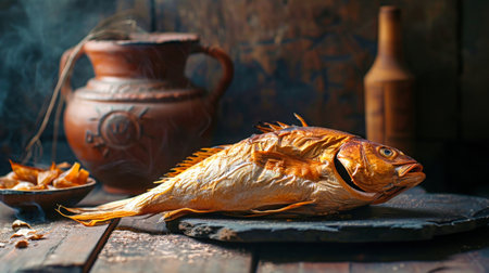 A lifeless fish lies atop a solid wooden table.の素材