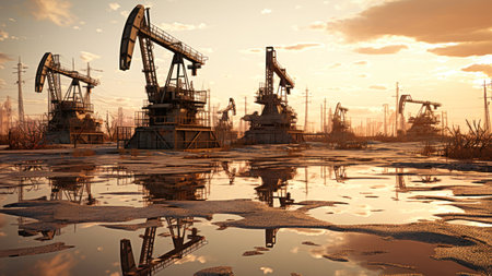 Creative decoration. Oil pump and oil refinery at sunset. Energy industrial concept. Selective focusの素材