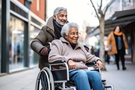 A man and a woman are seen walking together down a street while using a wheelchair.の素材