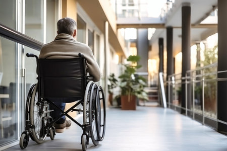 A photo capturing the loneliness of a person with disabilities as he gazes outside through a window. Concept of loneliness of a person with disabilities.の素材