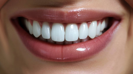 A stunning close up photo of a womans smile, showing her beautifully white and shiny teeth.の素材