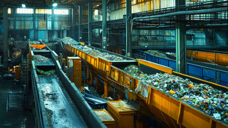 A bustling factory where waste is actively sorted and recycled, containing numerous metal objects and materials. Selective focus.の素材
