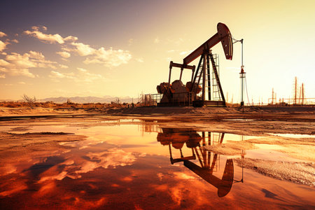 Drilling rigs in a desert oil field to extract fossil fuels and extract crude oil from the ground. Oil drilling rig and pump jackの素材