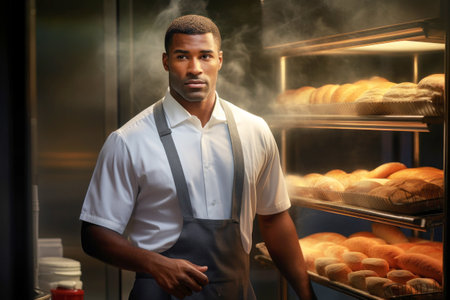 A dark-skinned male baker proudly holds a basket of freshly baked bread in his family-run home bakery.の素材