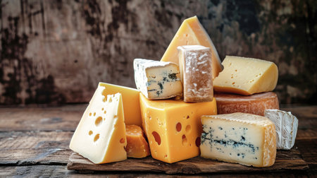A natural dietary assortment of various types of farm cheese displayed on a wooden board.の素材