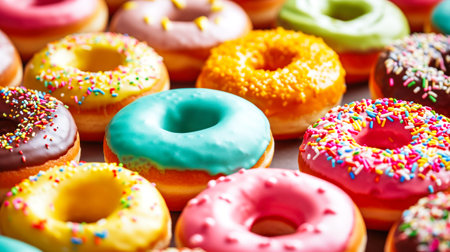 A group of glazed donuts displayed on a table, showing their delicious variety and inviting appearance.の素材