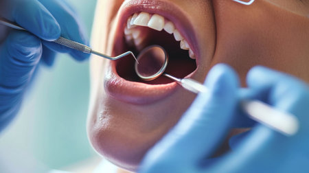 A woman receives a thorough dental check-up by a dentist during a routine appointment.の素材
