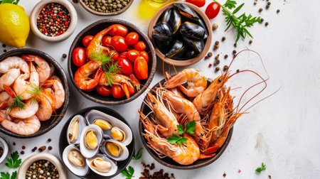 A table topped with an array of bowls filled with various types of food, including seafood.の素材