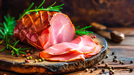 A wooden cutting board topped with delicious slices of jamon, ham, sourced from a farm.の素材