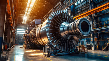 A powerful turbine of a large jet engine sits inside a factory workshop.の素材