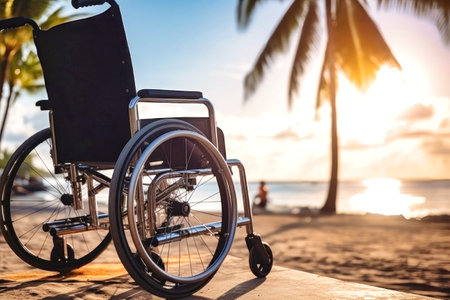 A wheelchair rests on a sandy beach, located beside a vibrant palm tree. Rehabilitation of people with disabilities.の素材