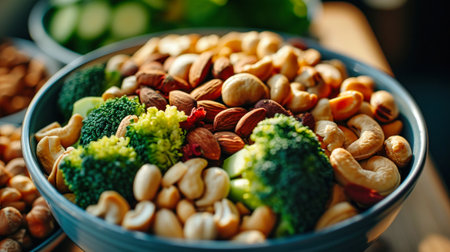 A bowl filled with a variety of nuts and topped with fresh broccoli sits on a wooden table.の素材