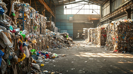 A large amount of trash is seen piling up in a warehouse at a garbage processing plant during the sorting and recycling of waste. Selective focus.の素材