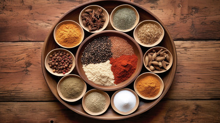 A group of bowls filled with different types of spices and herbs, perfect for adding flavor to your cooking.の素材