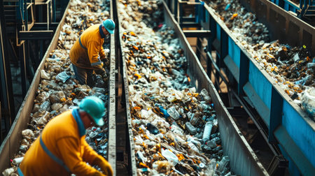 Two men wearing yellow and blue work diligently in a factory sorting and recycling waste. Selective focus.の素材