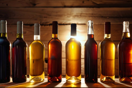 Several bottles of wine are arranged on top of a table in a cellar, ready for production and storage.の素材