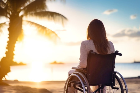 A woman in a wheelchair enjoying the peacefulness of the beach and absorbing the scenic beauty.の素材