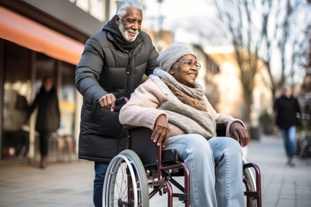 A heartwarming photo featuring an older man in a wheelchair and a younger woman.の素材