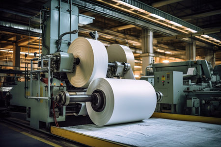 Modern paper production plant. Close-up of industrial equipment. Coated paper and cardboardの素材