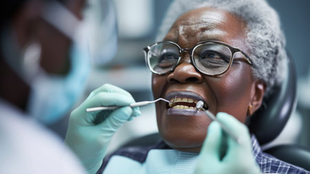 An elderly woman at a dental check-up, using a toothbrush for oral hygiene.の素材